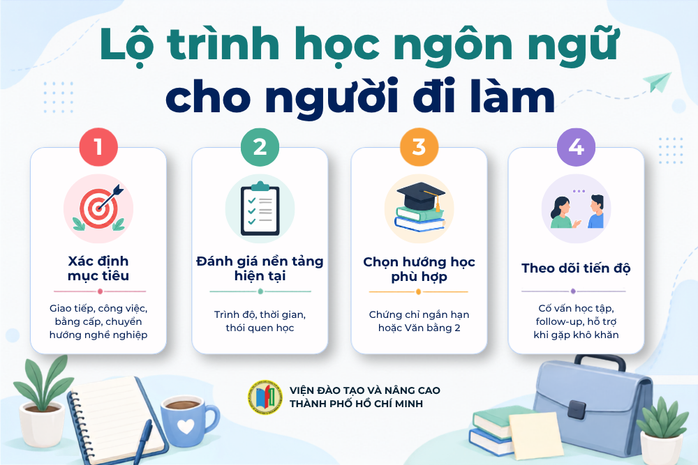 Lộ trình học ngôn ngữ cho người đi làm gồm xác định mục tiêu đánh giá nền tảng chọn hướng học và theo dõi tiến độ
